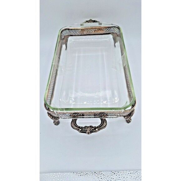 Vtg Anchor Hocking Fire King Glass Casserole Dish with Silver plated Tray 9x13in - Picture 8 of 12